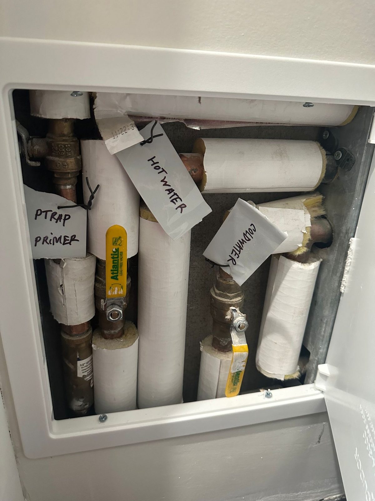 Access panel with labeled hot water, cold water and trap primer valves